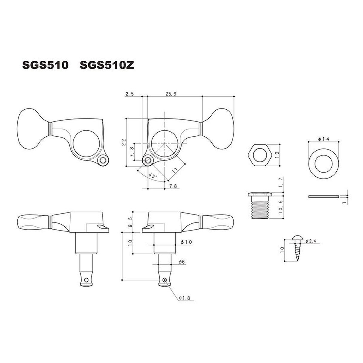 Gotoh SGS-510 Z-G machine heads for guitar, 3xL+3xR, ratio 1:18, gold button, gold