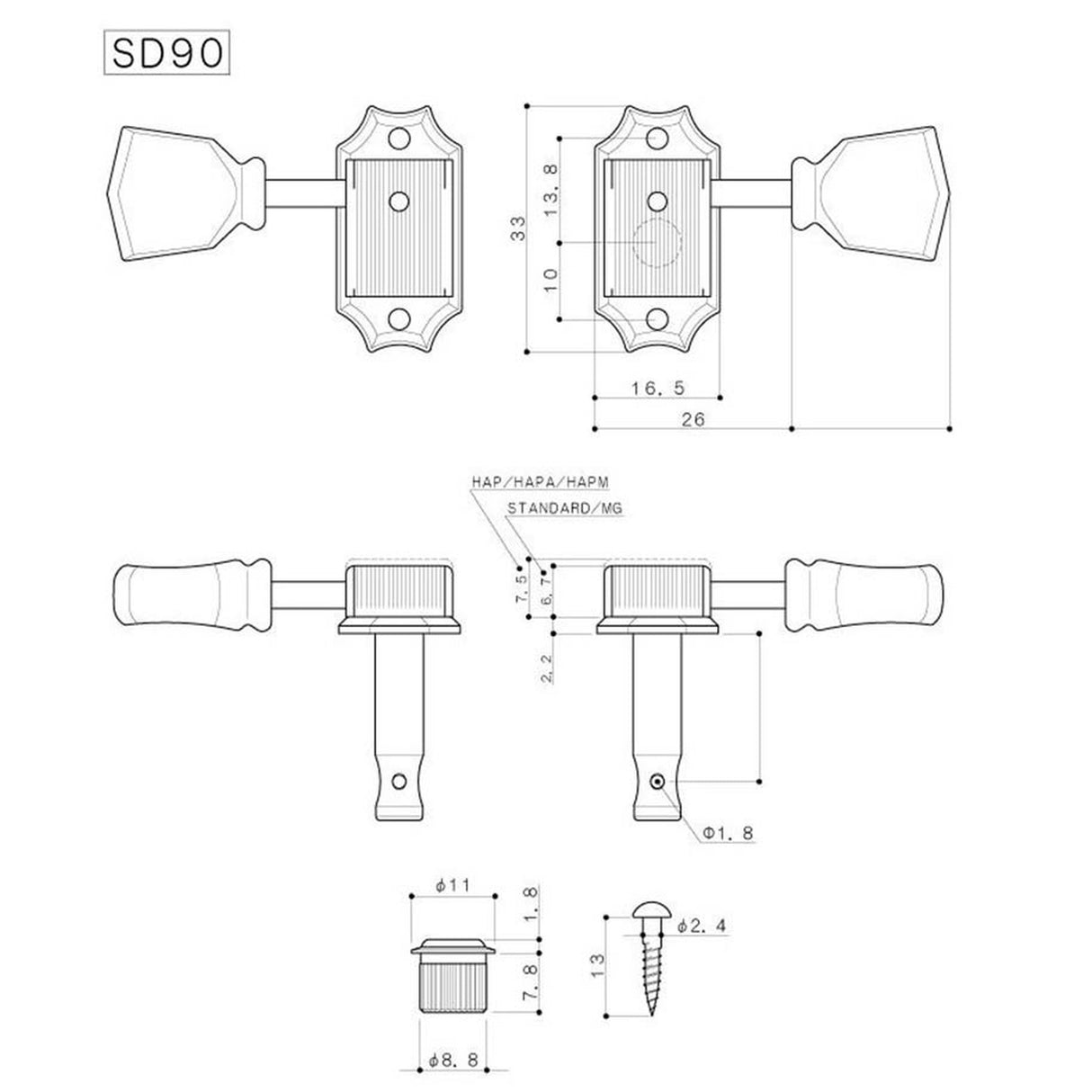 Gotoh SD-90-SL-N machine heads for guitar, 3x left+3x right, ratio 1:15, keystone button, nickel