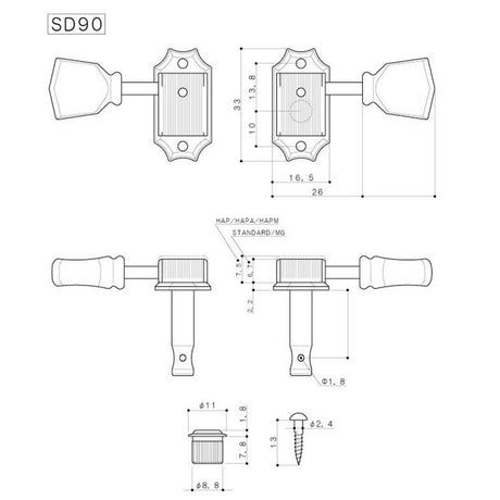 Gotoh SD-90-SL-N machine heads for guitar, 3x left+3x right, ratio 1:15, keystone button, nickel