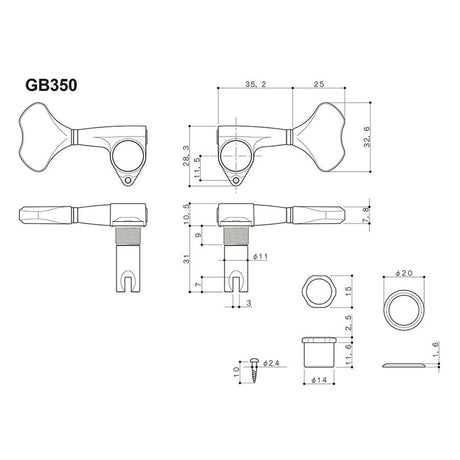 Gotoh GB-350- C machine heads for bass guitar, 2x left+2x right, lightweight resolite, chrome