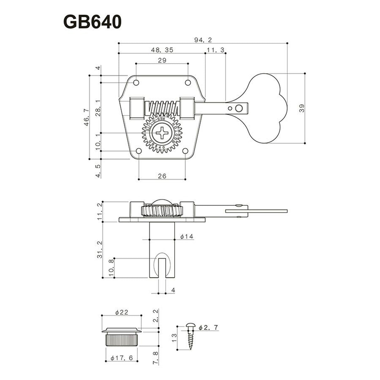 Gotoh GB-640-N machine heads for bass guitar, 4 x left, lightweight resolite,