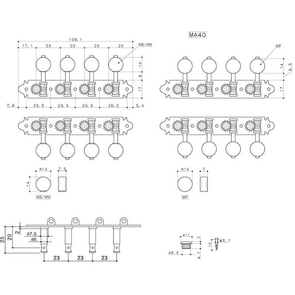 Gotoh MA-40-MM-N machine heads for A-style mandolin, metal shaft, 69 mm, ivory button, nickel