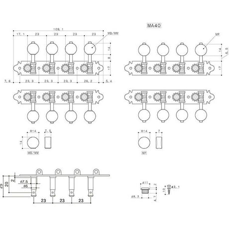 Gotoh MA-40-MB-GG machine heads for A-style mandolin, metal shaft, 69 mm, black button, gold