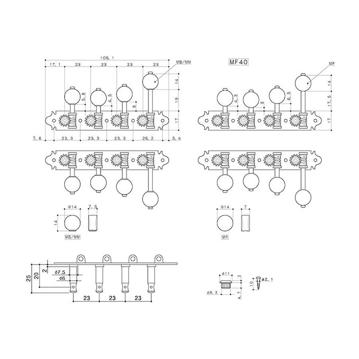 Gotoh MF-40-MM-N machine heads for F-style mandolin, metal shaft, 69 mm, ivory button, nickel