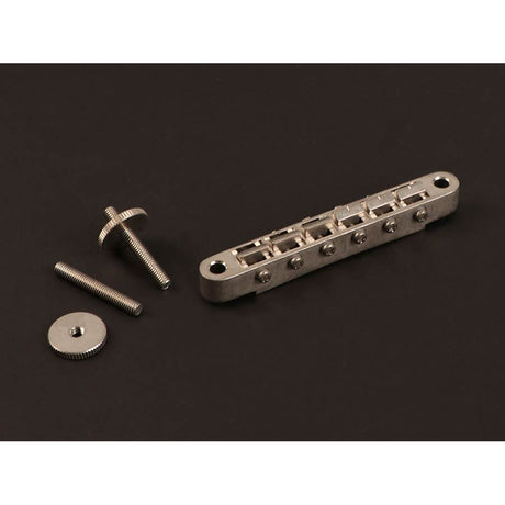 Gotoh GE104B-AN bridge for e-guitar, "tune-o-matic", thumbwheel spacing 74,0mm, hard zinc saddles, aged nickel