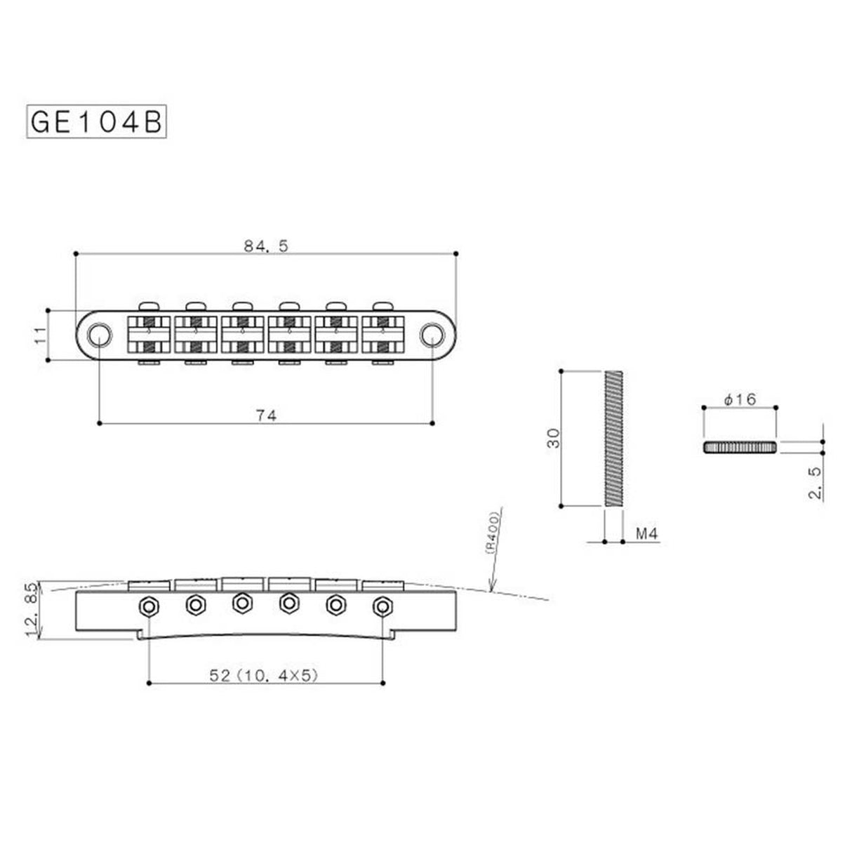 Gotoh GE104B-N bridge for e-guitar, "tune-o-matic", thumbwheel spacing 74,0mm, hard zinc saddles, nickel