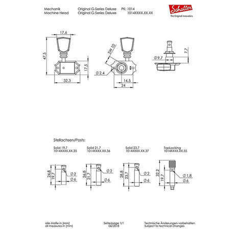 Schaller 101401231636 machine heads 3L3R Deluxe KeyStone. 21,7x6mm solid shaft, nickel