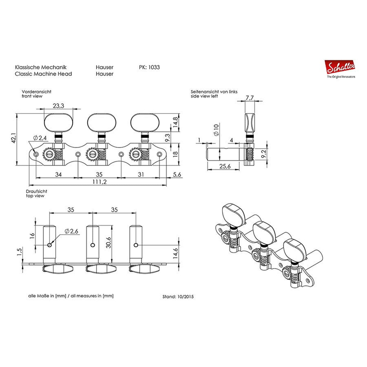 Schaller Houser Machine Heads met Witte Acryl Pegs en Gouden Accenten