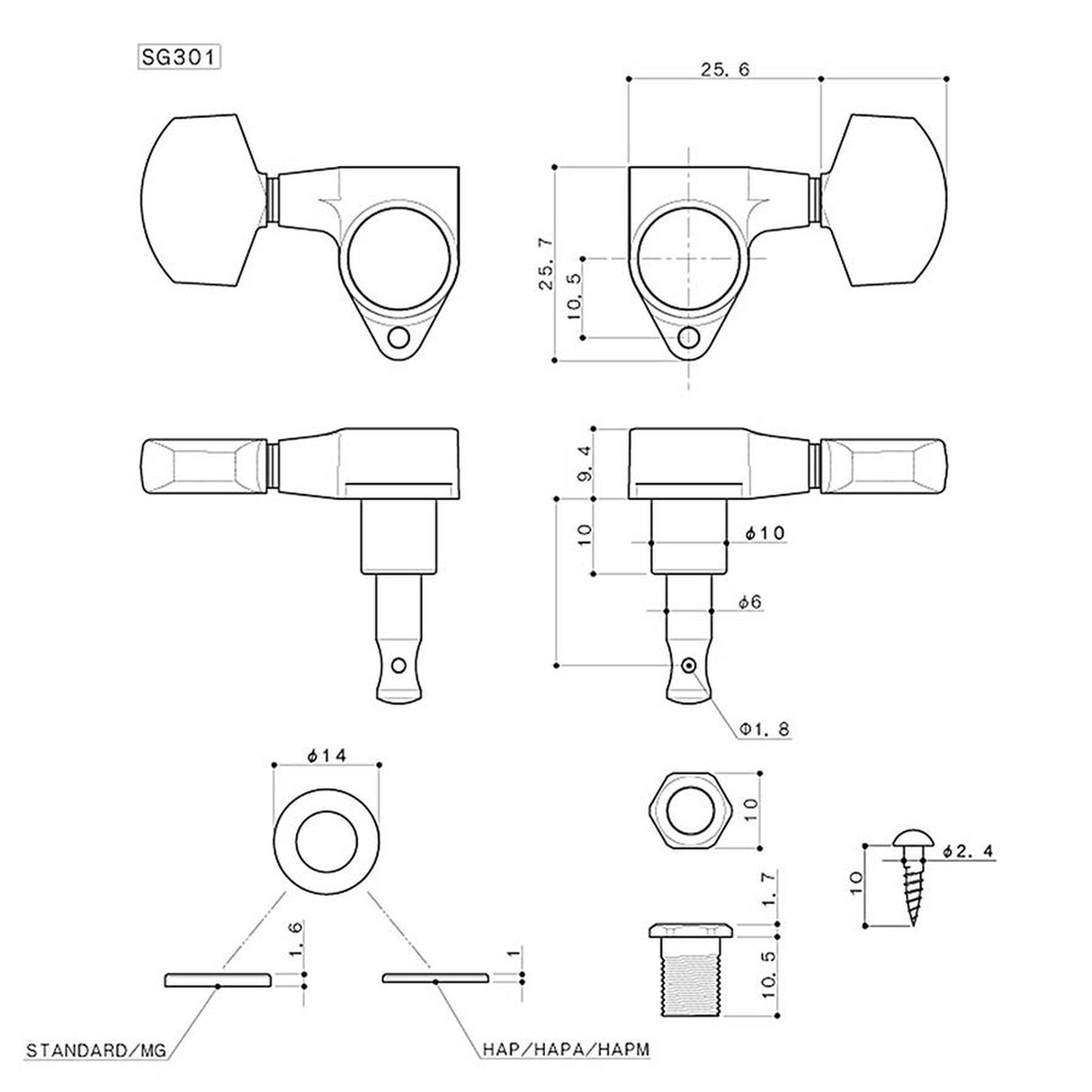 Gotoh SG-301-20-C machine heads for guitar, 3xL+3xR, ratio 1:18, chrome button, chrome