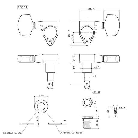 Gotoh SG-301-20-C machine heads for guitar, 3xL+3xR, ratio 1:18, chrome button, chrome