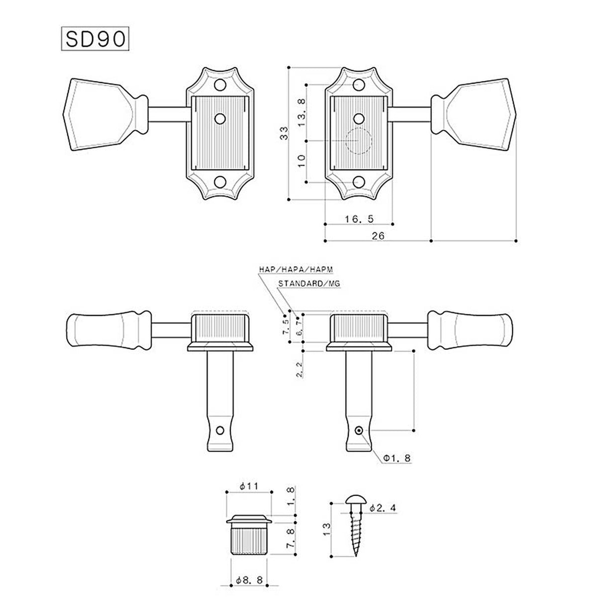 Gotoh SD-90-M5-N machine heads for guitar, 3x left+3x right, ratio 1:15, oval cream button, nickel