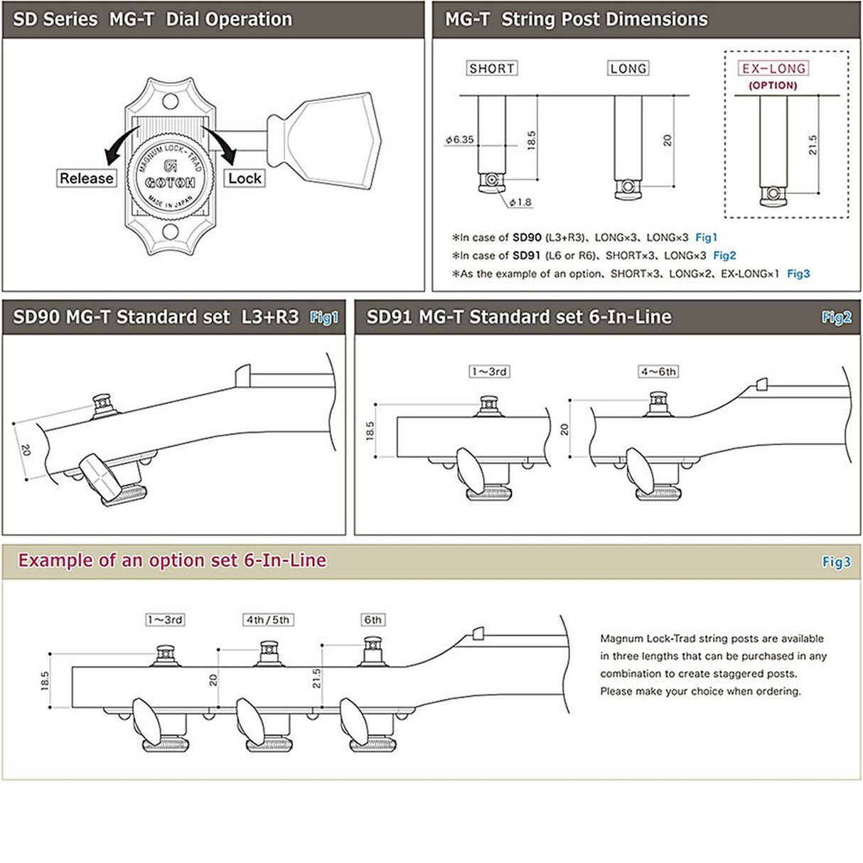 Gotoh SD-90MGTSLN locking machine heads for guitar, 3x left+3x right, ratio 1:15, bean button, nickel