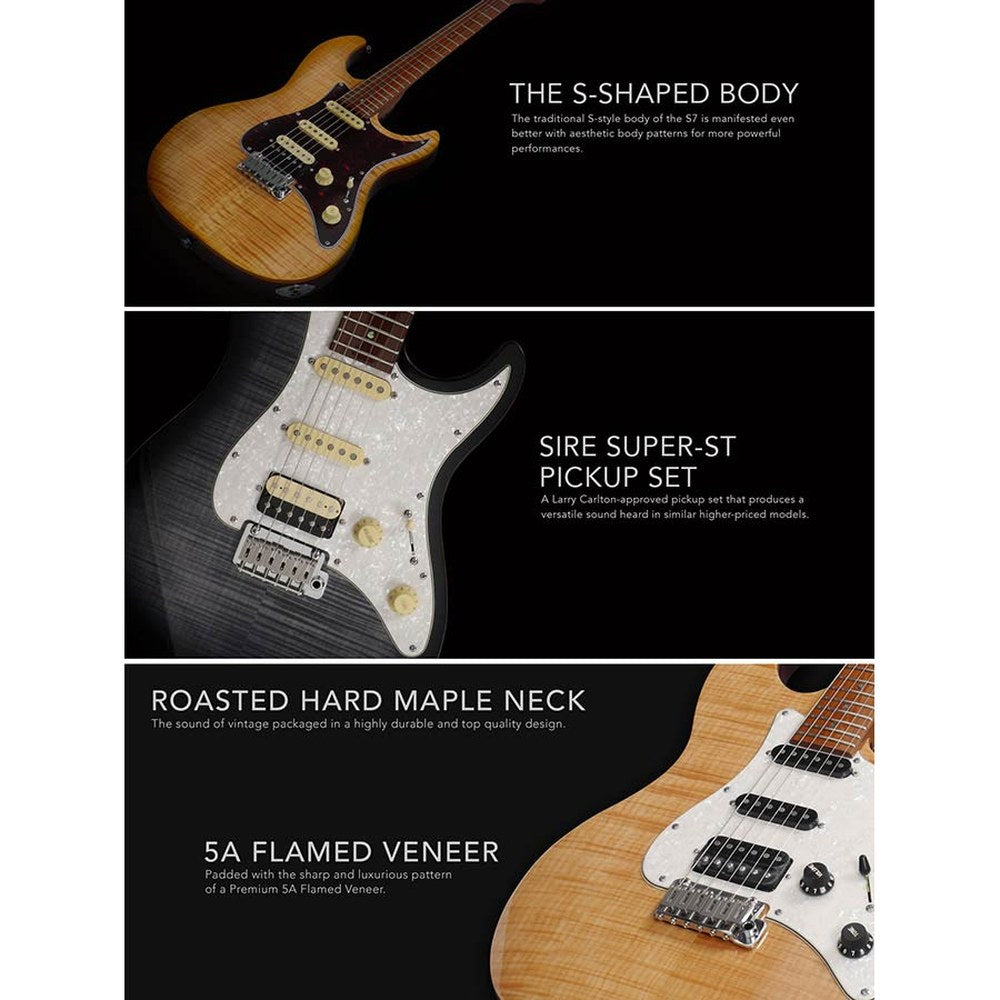 Sire Guitars S7FM/TBK electrische gitaar, S-style, elzen body, gevlamde esdoorn top, transparant zwart