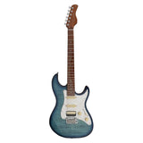 Sire Guitars S7FM/TBL electrische gitaar, S-style, elzen body, gevlamde esdoorn top, transparant blauw