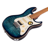 Sire Guitars S7FM/TBL electrische gitaar, S-style, elzen body, gevlamde esdoorn top, transparant blauw