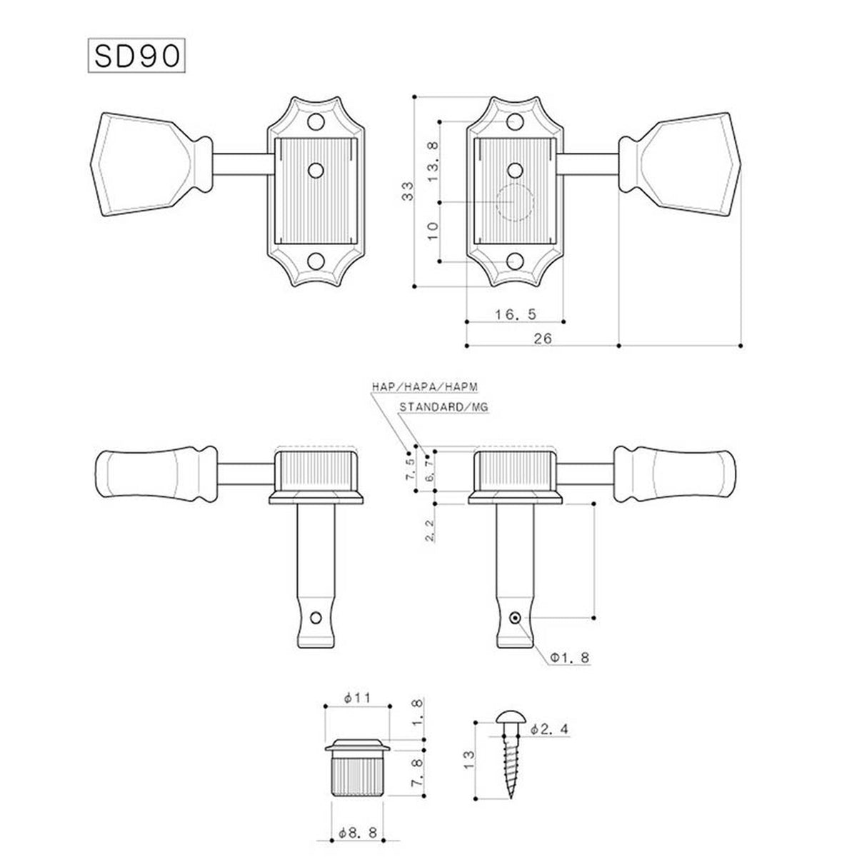 Gotoh SD-90-MGTGG machine heads for guitar, 3x left+3x right, ratio 1:15, magnum lock, keystone button, gold