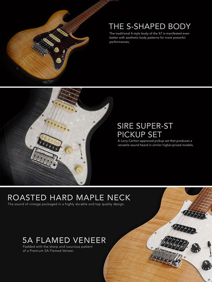 Sire Guitars S7FM/TBK electrische gitaar, S-style, elzen body, gevlamde esdoorn top, transparant zwart