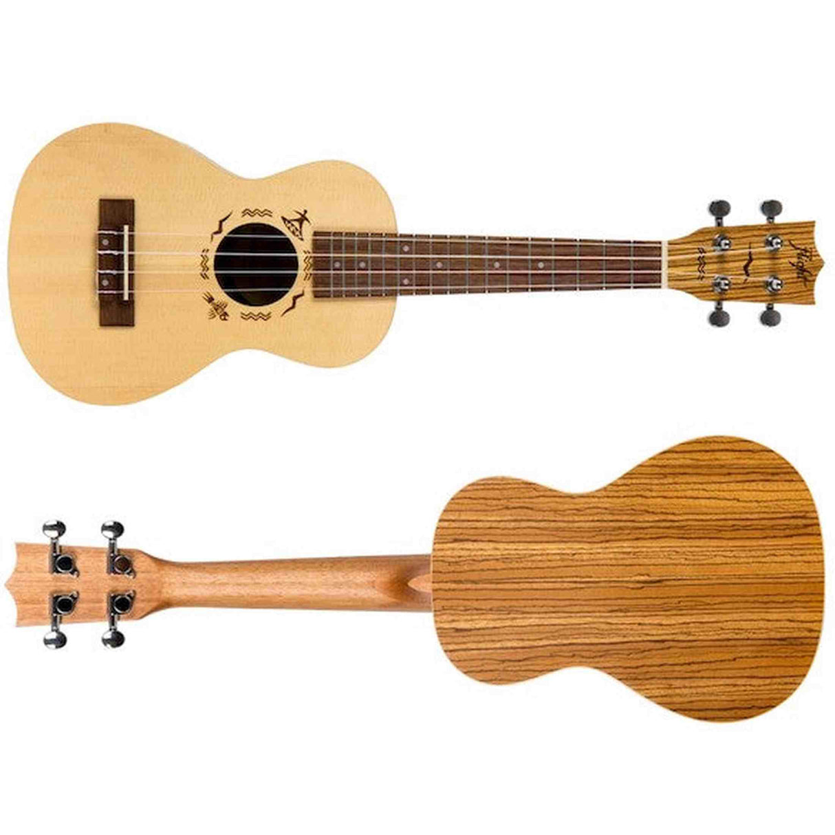 Flight DUC525 SP/ZEB Concert Ukulele met Solid Spruce Top, Zebrawood Body, Bone Topkam en Aquila Super Nylgut Snaren