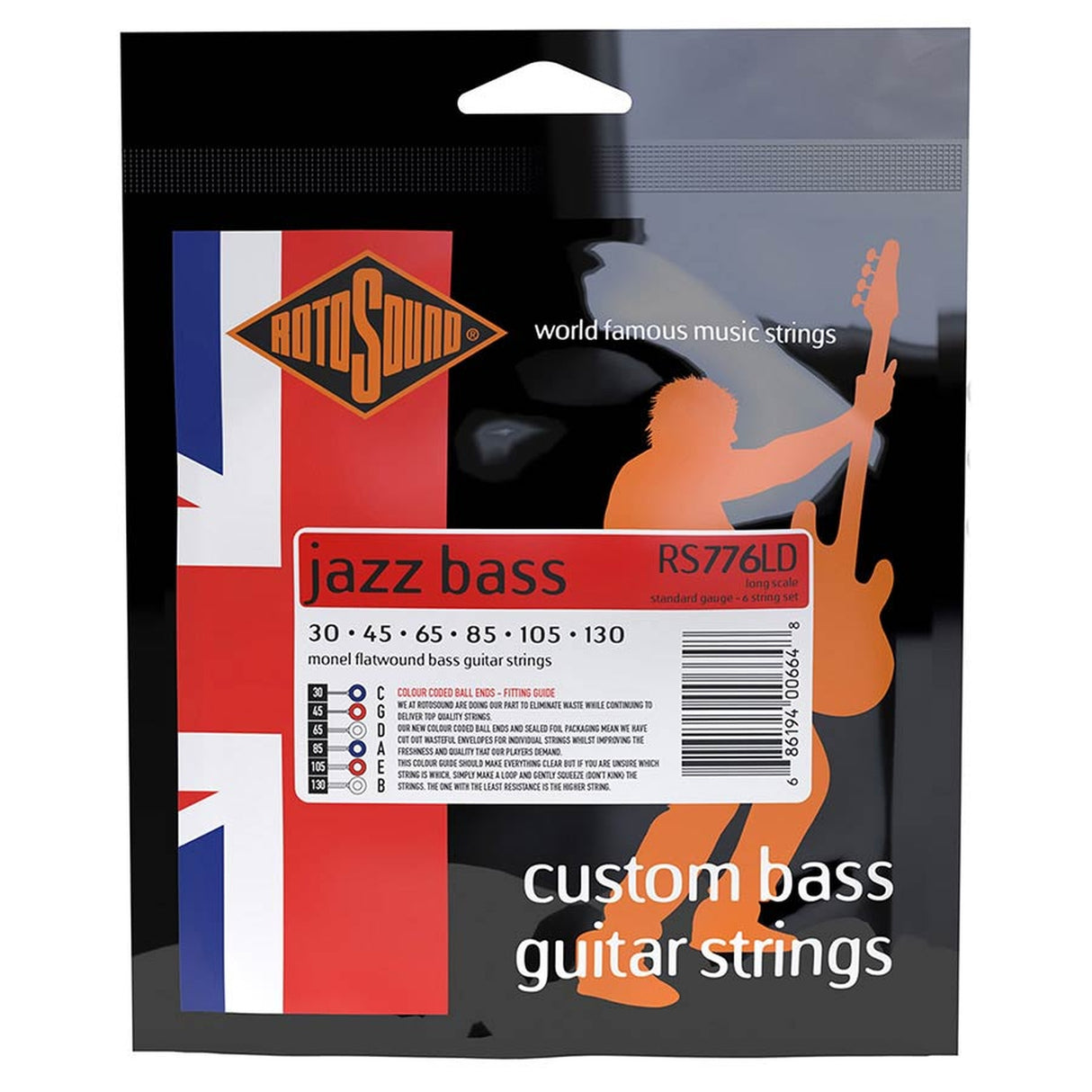 Rotosound RS776LD Jazz Bass 77 string set electric bass 6 monel flatwound 30-130