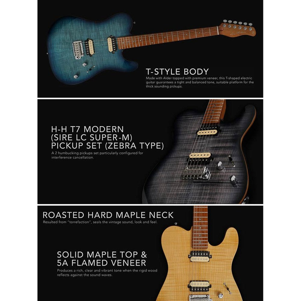 Sire Guitars T7FM/TBK electrische gitaar, T-style, elzen body, gevlamde esdoorn top, transparant zwart