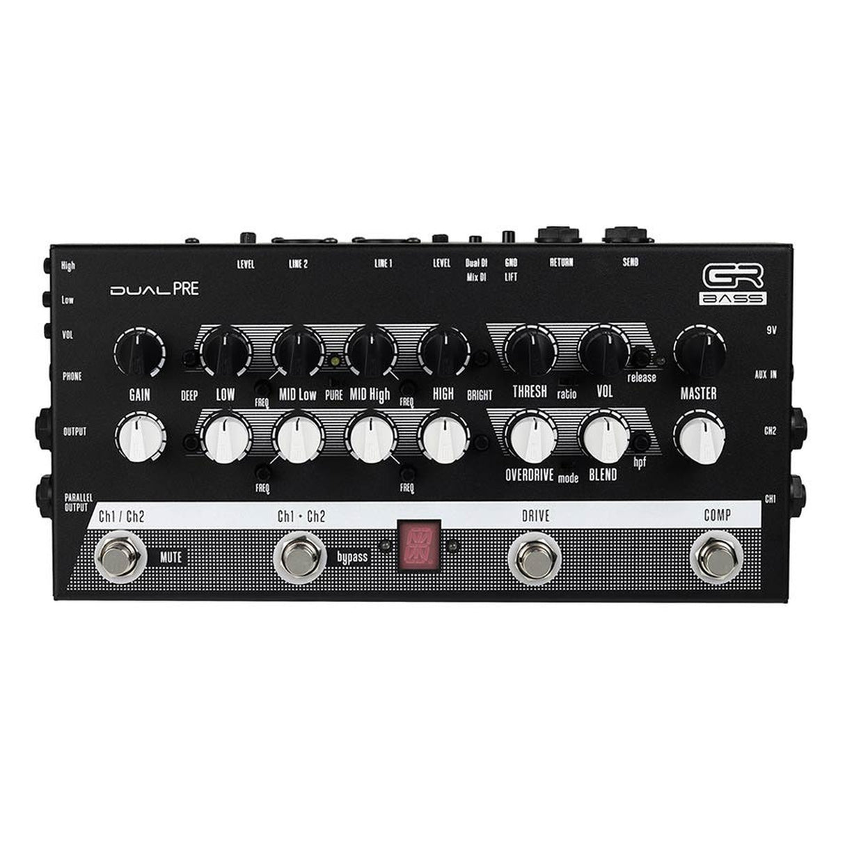 GRBass DUALPRE dubbelkanaals voorversterker pedaal, 4-bands EQ, drive, comp, tuner, DI, koptelefoon, parallelle uitgangen