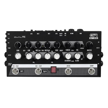 GRBass DUALPRE dubbelkanaals voorversterker pedaal, 4-bands EQ, drive, comp, tuner, DI, koptelefoon, parallelle uitgangen