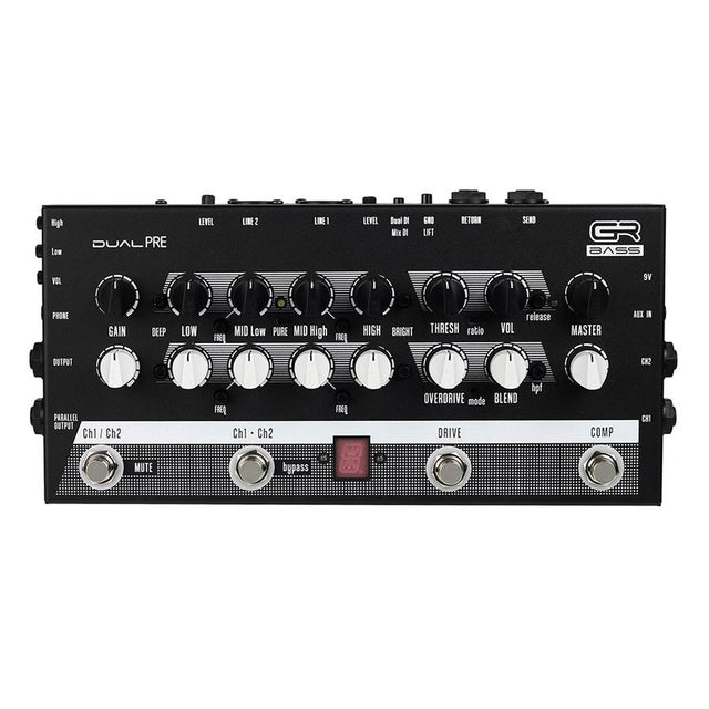 GRBass DUALPRE dubbelkanaals voorversterker pedaal, 4-bands EQ, drive, comp, tuner, DI, koptelefoon, parallelle uitgangen