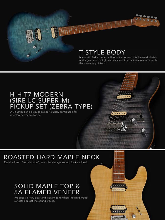 Sire Guitars T7FM/TBK electrische gitaar, T-style, elzen body, gevlamde esdoorn top, transparant zwart