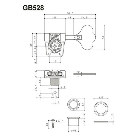 Gotoh GB-528/4L machine heads for bass guitar, 4x left, 1:26 ratio, lightweight resolite, nickel