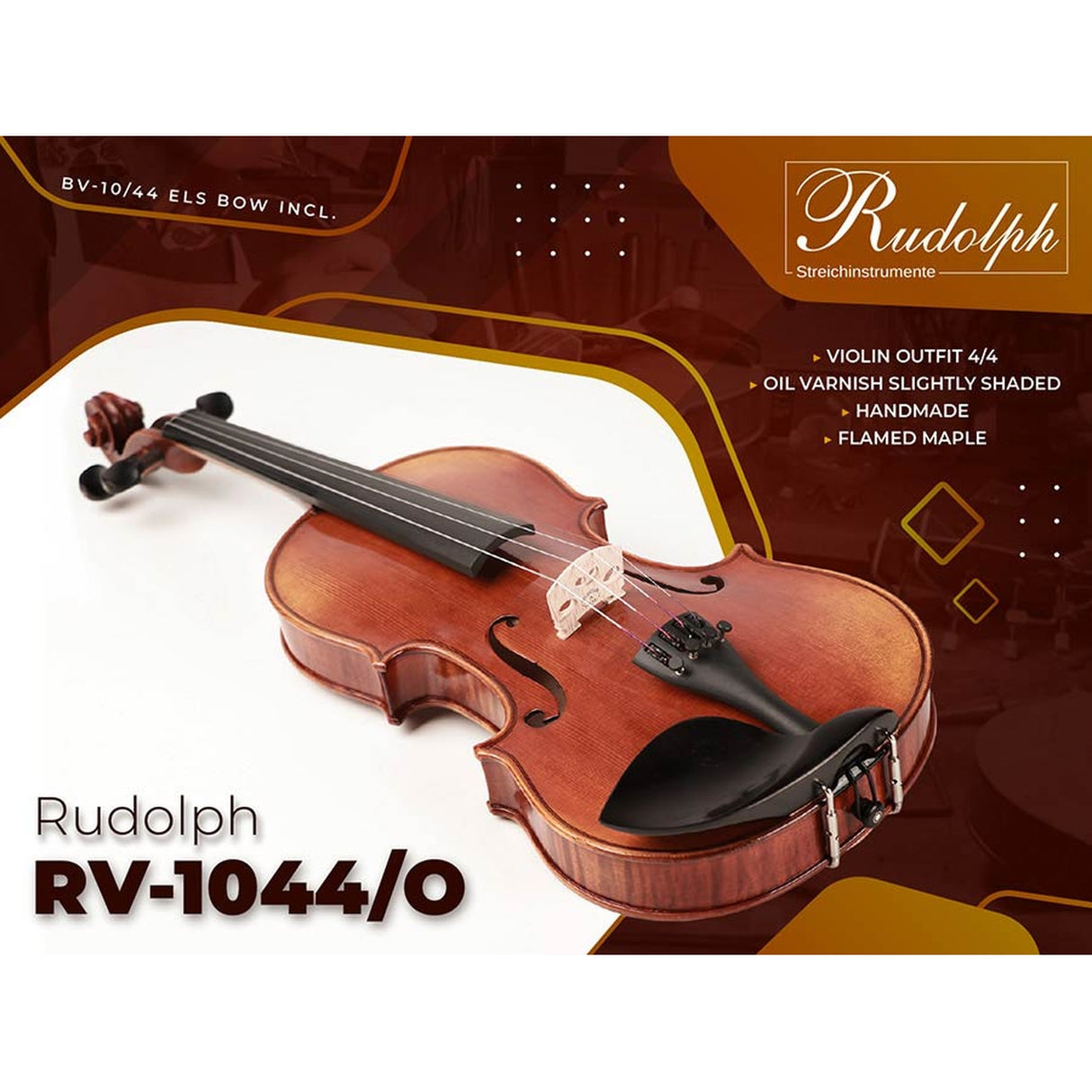 Rudolph RV-1044/O viool 4/4, olie lak licht geschaafd, gevlamd esdoorn, koffer, BV-10/44 ELS strijkstok incl.