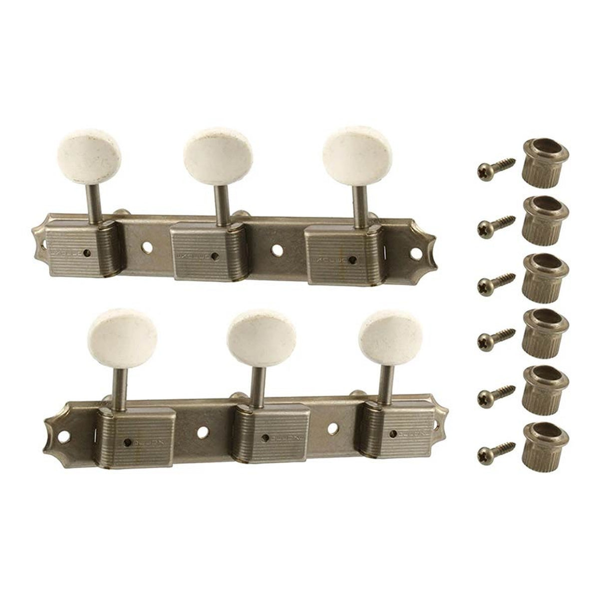 Allparts TK0700007 Gotoh vintage deluxe style 3x3 keys on a strip, 70 mm, off-white plastic buttons, aged nickel, 2pcs