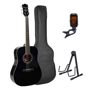 Richwood RD-12-BK Artist Series Dreadnought Akoestische Gitaarset Zwart met Stemapparaat, Tas en Gitaarstandaard