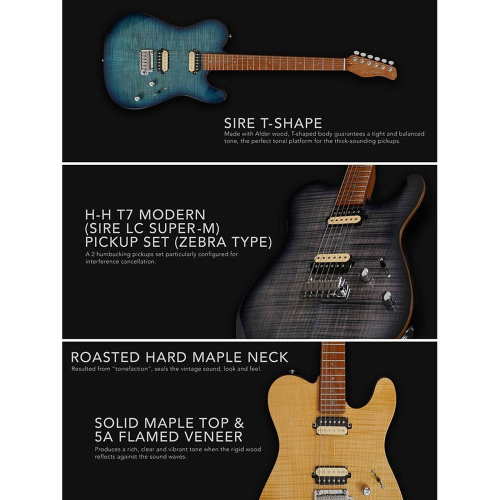 Sire Guitars T7FML/TBK Linkshandige elektrische gitaar T-stijl gevlamd esdoorn bovenblad transparant zwart