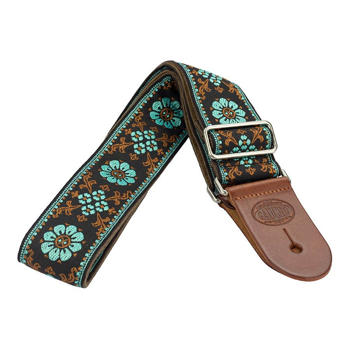 Gaucho GST-1180-3 gitaarband, 2” jacquard weefsel, bruine leren slips, bruine kleding leren achterkant, bruin/blauw