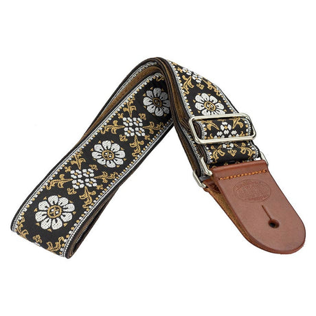 Gaucho GST-1180-4 gitaarband, 2” jacquard weefsel, bruine leren slips, bruine kleding leren achterkant, wit/zwart