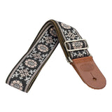 Gaucho GST-1180-5 gitaarband, 2” jacquard weefsel, bruine leren slips, bruine kleding leren achterkant, geel/zwart