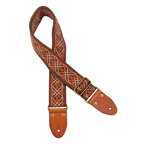 Gaucho GST-1280-1 gitaarband, 2" jacquard weefsel, leren slips met pennen, messing gesp, suède achterkant, bruin/oranje