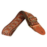 Gaucho GST-1280-1 gitaarband, 2" jacquard weefsel, leren slips met pennen, messing gesp, suède achterkant, bruin/oranje