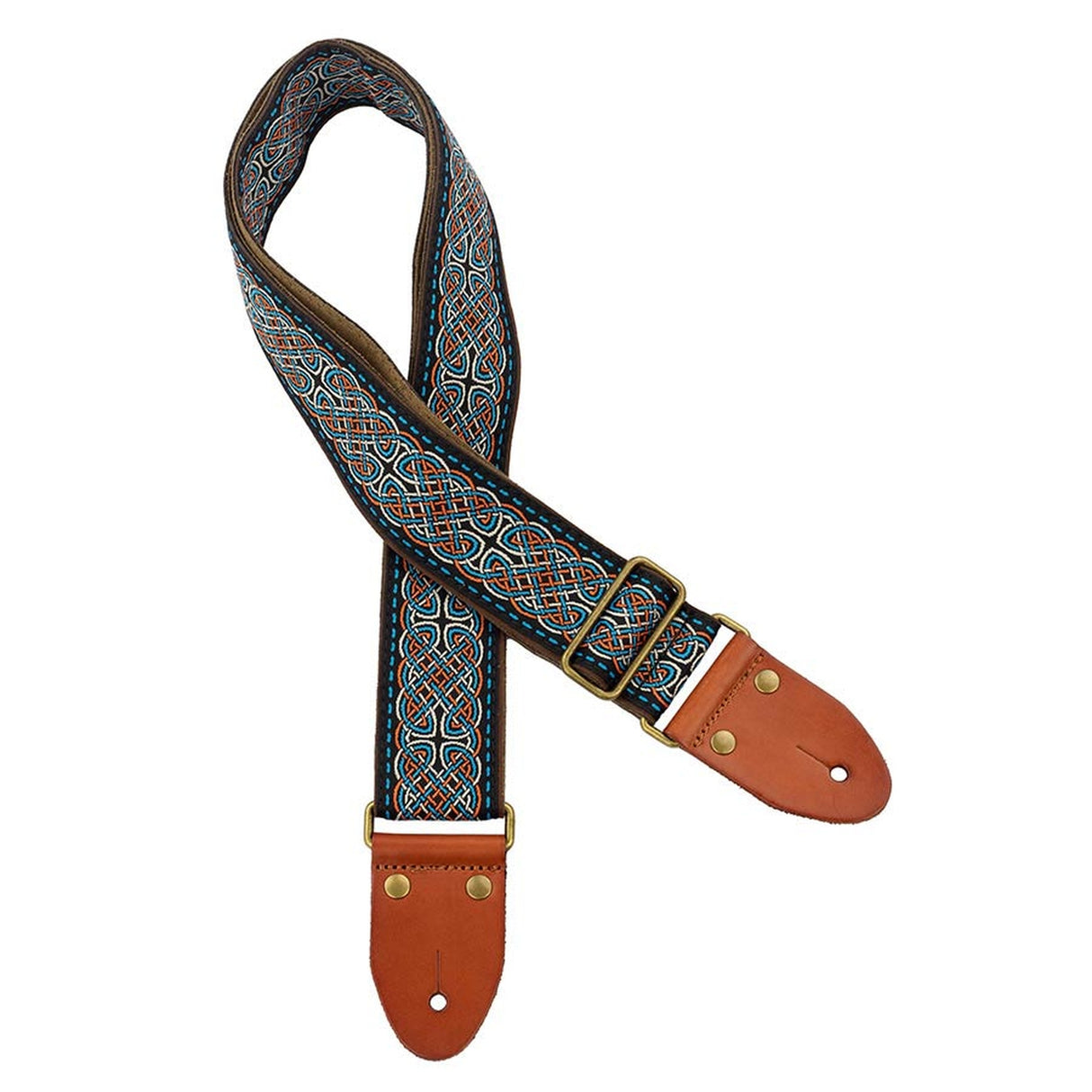 Gaucho GST-1280-2 gitaarband, 2" jacquard weefsel, leren slips met pennen, messing gesp, suède achterkant, zwart/blauw