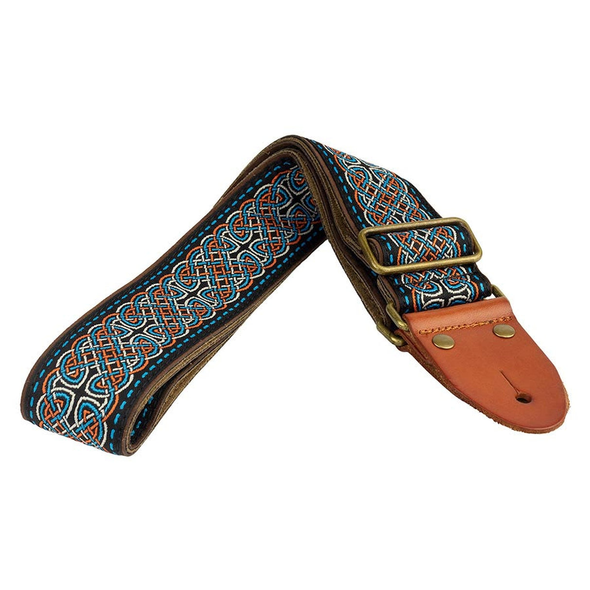 Gaucho GST-1280-2 gitaarband, 2" jacquard weefsel, leren slips met pennen, messing gesp, suède achterkant, zwart/blauw