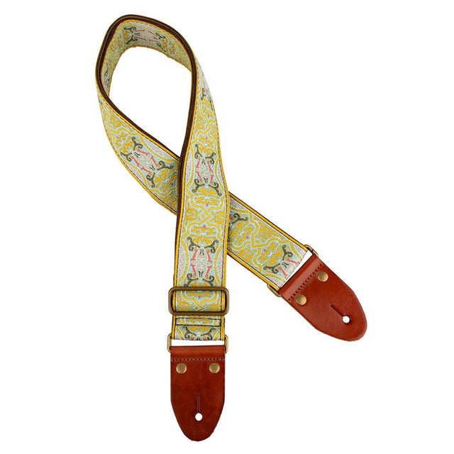 Gaucho GST-1280-3 gitaarband, 2" jacquard weefsel, leren slips met pennen, messing gesp, suède achterkant, geel/groen