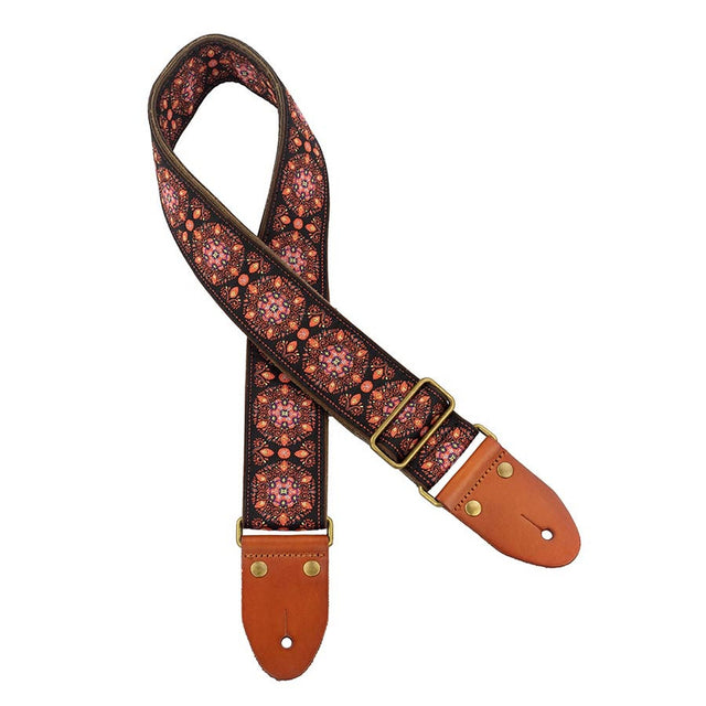 Gaucho GST-1280-5 gitaarband, 2" jacquard weefsel, leren slips met pennen, messing gesp, suède achterkant, blauw/roze