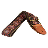 Gaucho GST-1280-5 gitaarband, 2" jacquard weefsel, leren slips met pennen, messing gesp, suède achterkant, blauw/roze