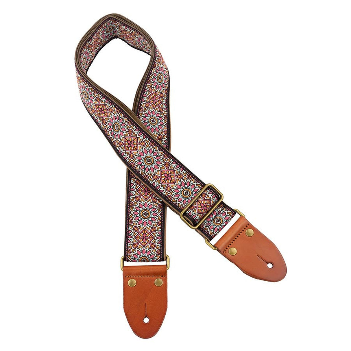 Gaucho GST-1280-6 gitaarband, 2" jacquard weefsel, leren slips met pennen, messing gesp, suède achterkant, zwart/blauw/rood