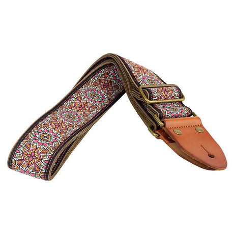 Gaucho GST-1280-6 gitaarband, 2" jacquard weefsel, leren slips met pennen, messing gesp, suède achterkant, zwart/blauw/rood