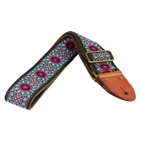 Gaucho GST-1280-8 gitaarband, 2" jacquard weefsel, leren slips met pennen, messing gesp, suède achterkant, zwart/blauw/roze