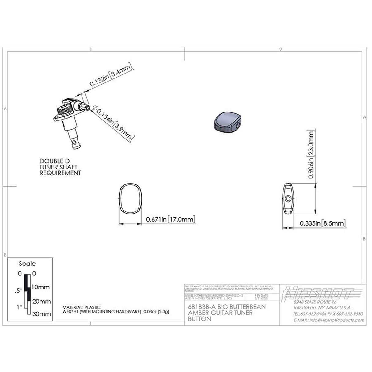 Hipshot HS6B1BBBP Big Butter Bean Stemknop voor Gitaarmechaniek Pearl, per stuk