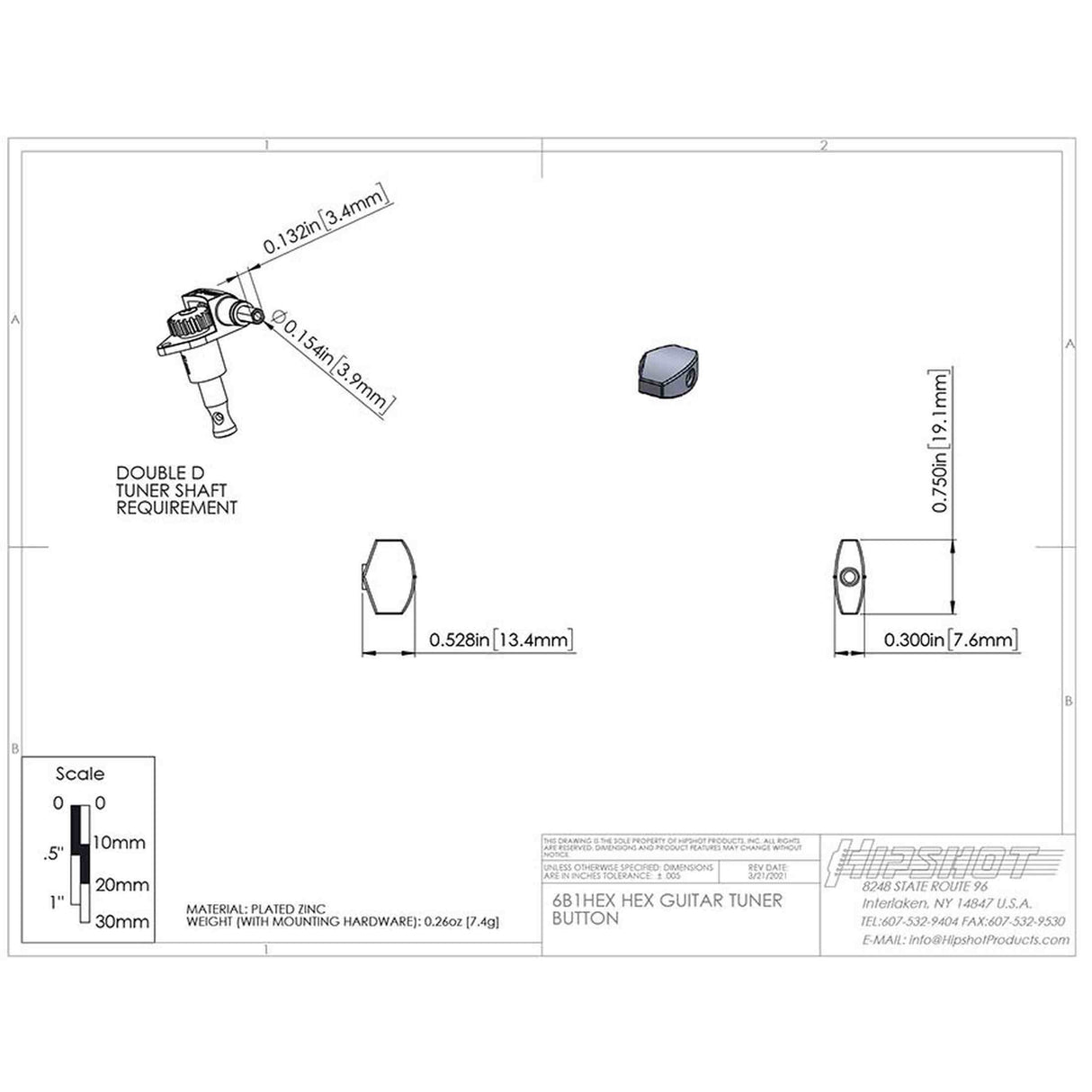 Hipshot HS6B1HEXS Hex Stemknop voor Gitaarmechaniek Satin, per stuk