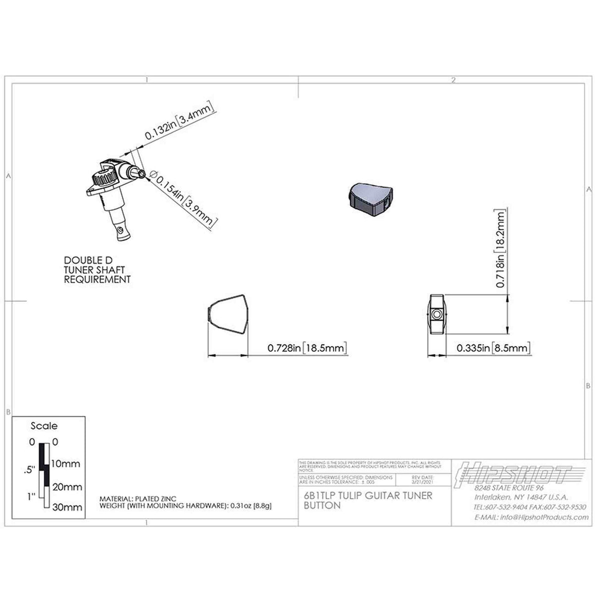 Hipshot HS6B1TLPN Tulip Stemknop voor Gitaarmechaniek Nickel, per stuk