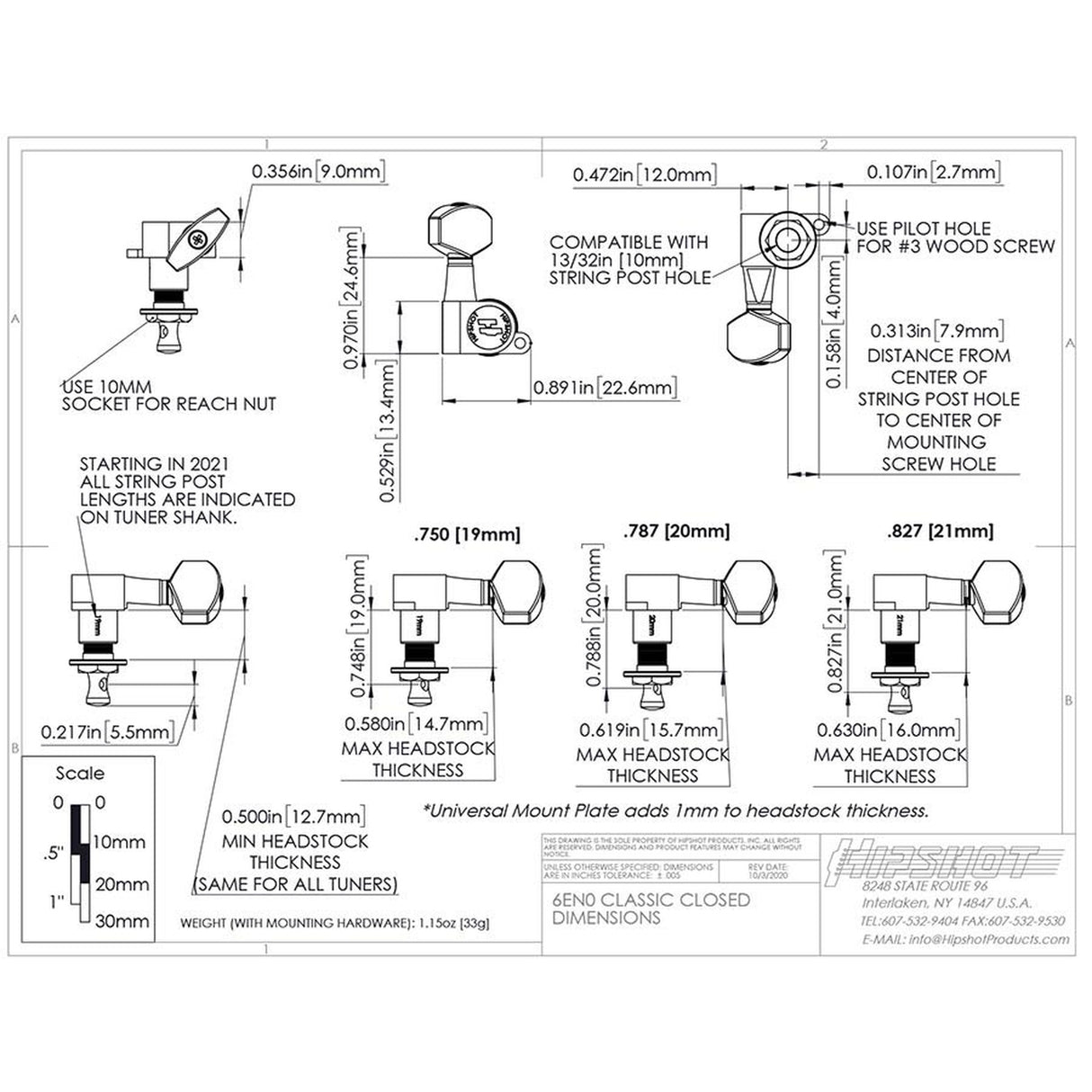 Hipshot HS6K1EN0SST guitar tuner upgrade kit, 6 inline classic, closed satin staggered